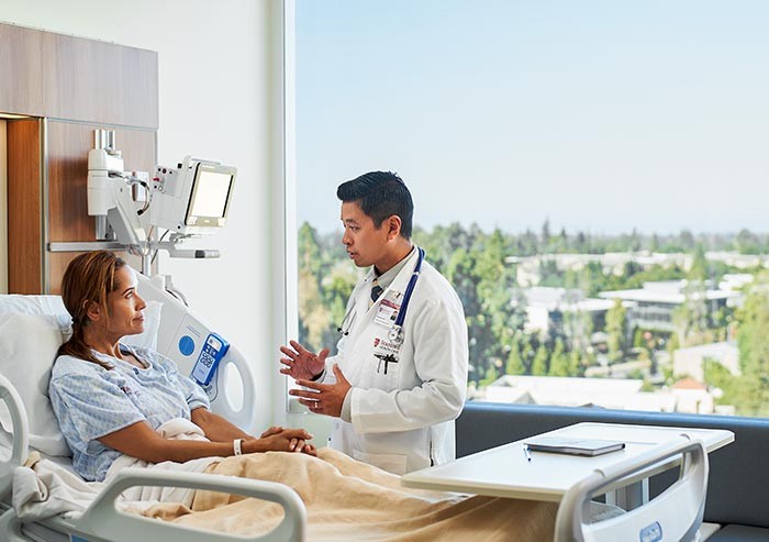 doctor and patient in one of the new stanford hospital private rooms